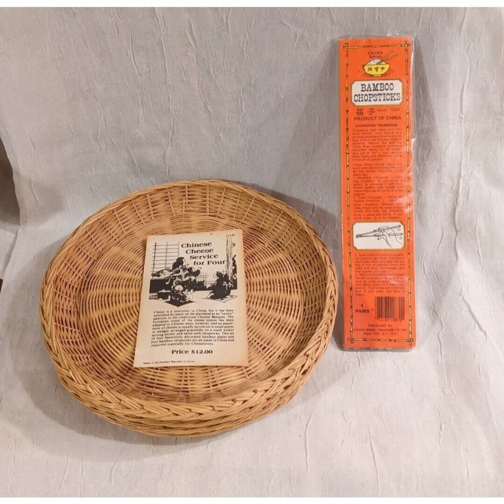 Vtg Chinese Cheese Bamboo Wicker Plates Chopsticks Service for 4 Platter Boho